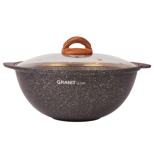 Казан литой 4,5л для плова стеклянная крышка Granit ultra black-gold KUKMARA